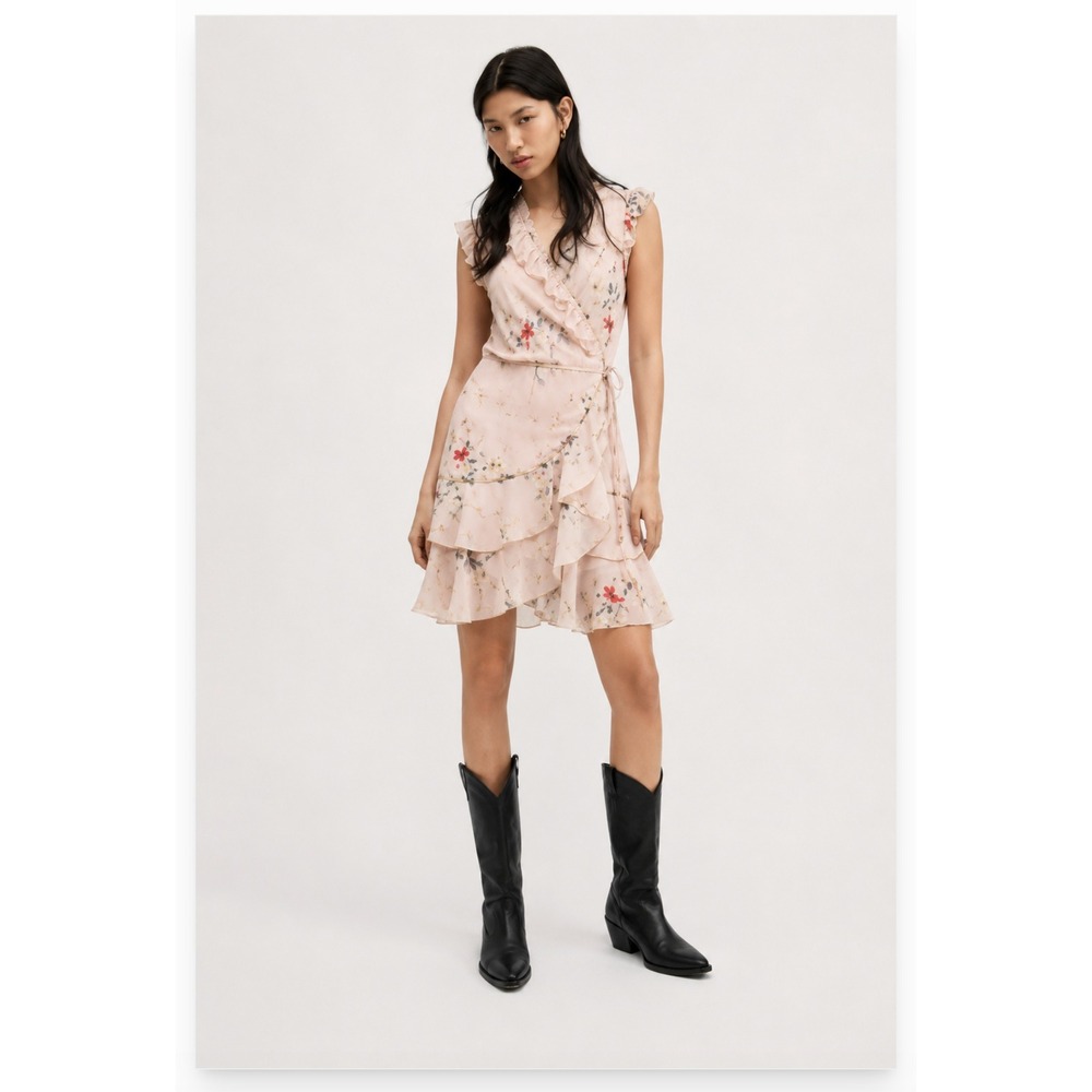 AllSaints Ari Kora Floral Wrap Dress Dusty Pink Ruffle Trim Sleeveless Size 10